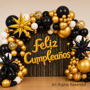 SET DE GLOBOS ARCO XL FELIZ CUMPLEA�OS ORO Y NEGRO (GY 7820) 100 UNIDADES